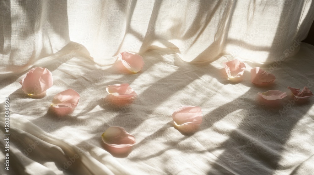 Delicate rose petals on silk, bathed in soft morning light, evoking a dreamy, romantic ambiance.