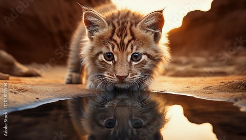 kitten looking down at a puddle reflection of himself as lion self belief confidence leadership potential inspiration strength courage concept photo