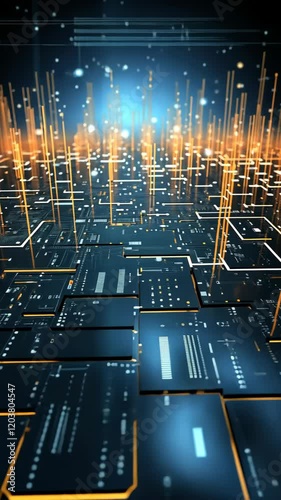 Abstract futuristic, animated background with blue and orange neon lights. IT, cyberspace, computer data transfer. Perfect for technology and cyber concepts. Virtual reality, artificial intelligence.