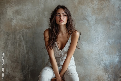 Woman with tousled hair sitting thoughtfully in a cozy sweater by a softly li...