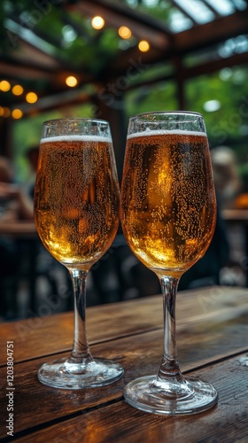 Enjoying refreshing drinks at a lively outdoor restaurant during sunset