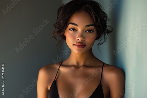 Model poses gracefully against textured background in soft natural light