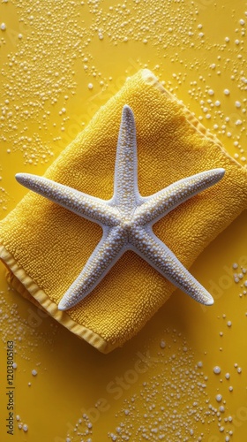 Starfish resting on bright yellow towel with bubbles in background during a s...