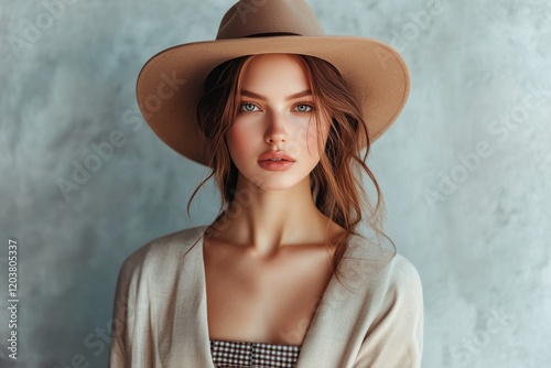 Stylish summer outfit on model with a trendy hat against a vibrant blue backg...