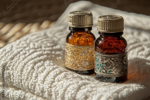 Aromatherapy essential oils on a soft towel in a serene setting for relaxatio...