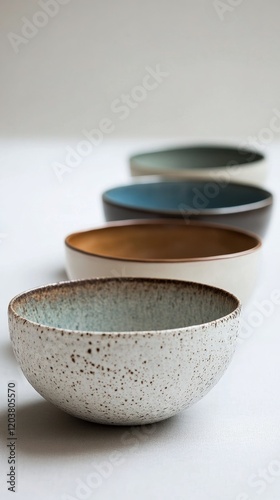 Variety of ceramic bowls displayed on a minimalist table with a soft background
