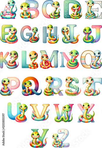 Snake english alphabet set from A to Z, Watercolor illustration.