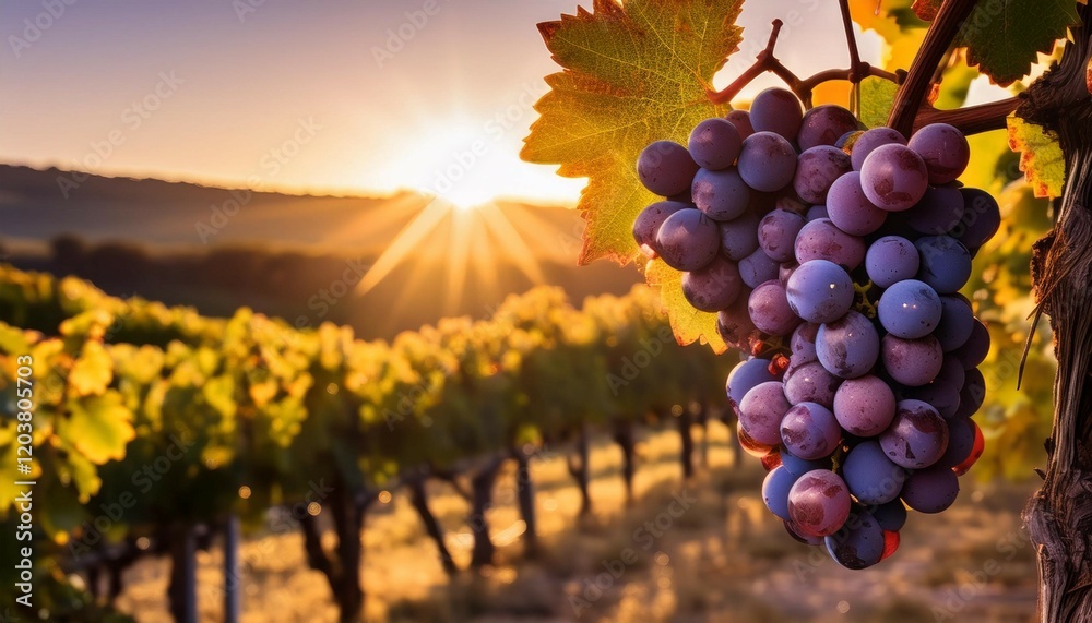 Naklejka premium glistening purple grapes hanging from vine in golden hour vineyard