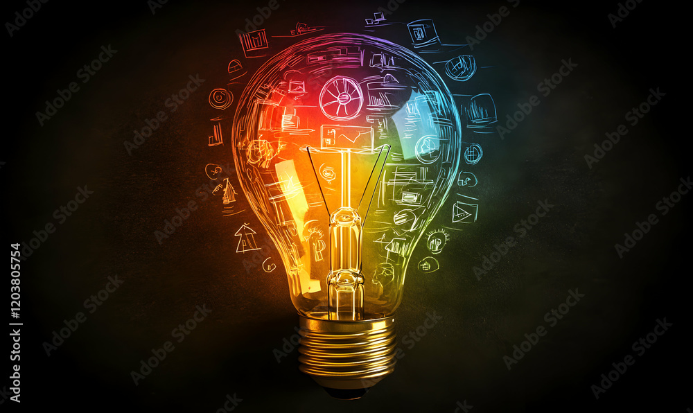 Illuminated lightbulb filled with colorful business sketch icons, representing innovation, ideas, and creative solutions. Illuminated lightbulb filled with colorful business sketch icons, representing innovation, ideas, and creative solutions.