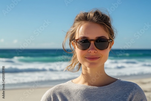 Relaxing by the ocean, a woman enjoys the sunny beach atmosphere with sunglas...