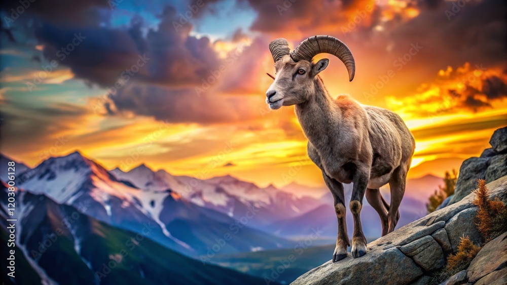 Obraz premium Majestic Bighorn Ram in Rocky Mountain Landscape with Bokeh Background