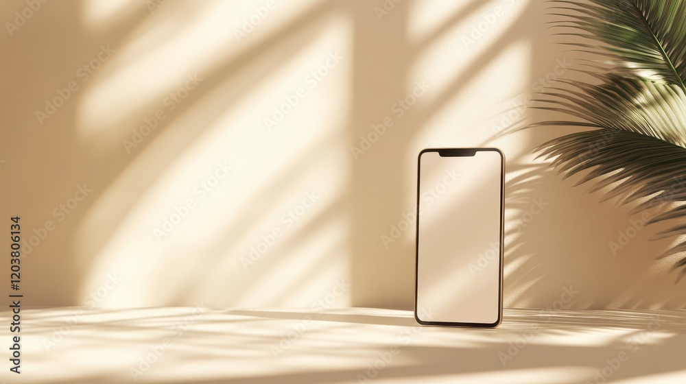 Blank mockup template of a smartphone on a pale beige surface, with clean lighting and minimalist reflections.