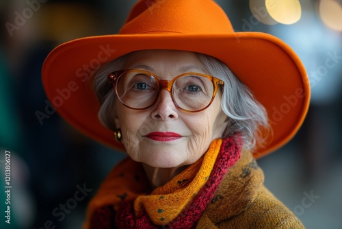 Elegant elderly woman wearing vibrant orange accessories and showcasing her c...