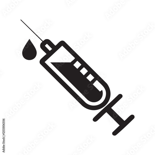 A minimalist syringe icon crafted in flat style, showcasing a droplet of liquid at the tip. Suitable for medical, pharmaceutical, or vaccination themes, this vector graphic emphasizes precision and ve