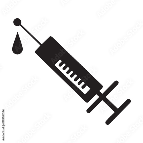 A detailed and sleek syringe icon with a tiny droplet of liquid at the needle's tip. This flat design vector is ideal for medical, clinical, or vaccination branding, offering simplicity and clarity fo