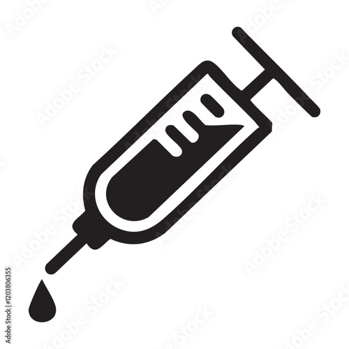 A clean and modern syringe icon featuring a small droplet of liquid at the tip, designed in flat style. Perfect for medical, healthcare, or vaccination-related projects, this vector graphic ensures ve