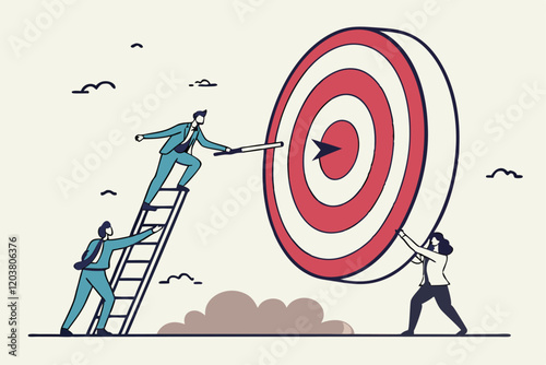 Business success, giant dartboard target, teamwork, achievement, leadership, blue collar workers, white collar executive, red and white bullseye, cloudy sky background, flat illustration style, mini