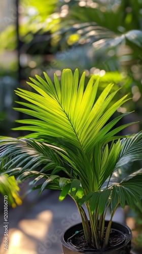 Beautiful palm leaf in a lush garden under bright sunlight showcasing vibrant...