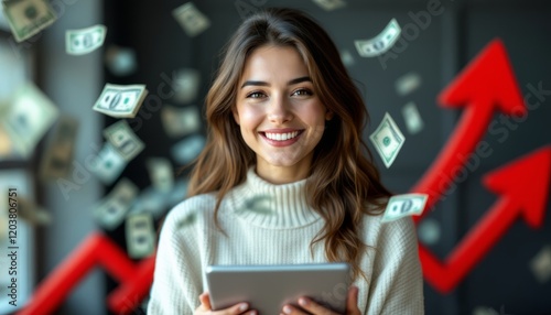 Young woman with digital tablet celebrating financial growth and monetary success
