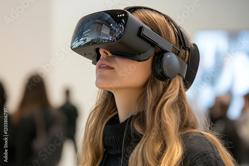 Virtual reality experience in a neon cityscape at night with a focused user
