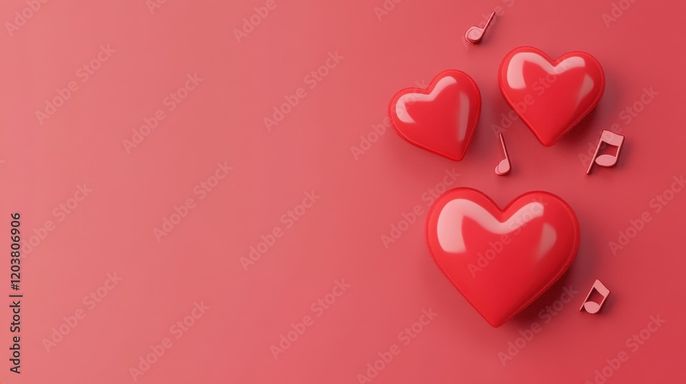 Three red hearts with music notes on a red background Three red hearts with music notes on a red background