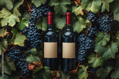 Bottles of wine surrounded by fresh grapes on green leaves creating a vibrant...