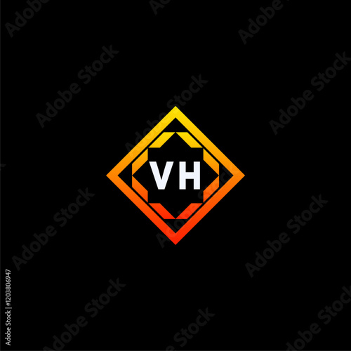 Free Download VH initials dynamic geometric logo design features a bold lettering sign in an orange and black color scheme, displayed against a dark background - GFXLoad