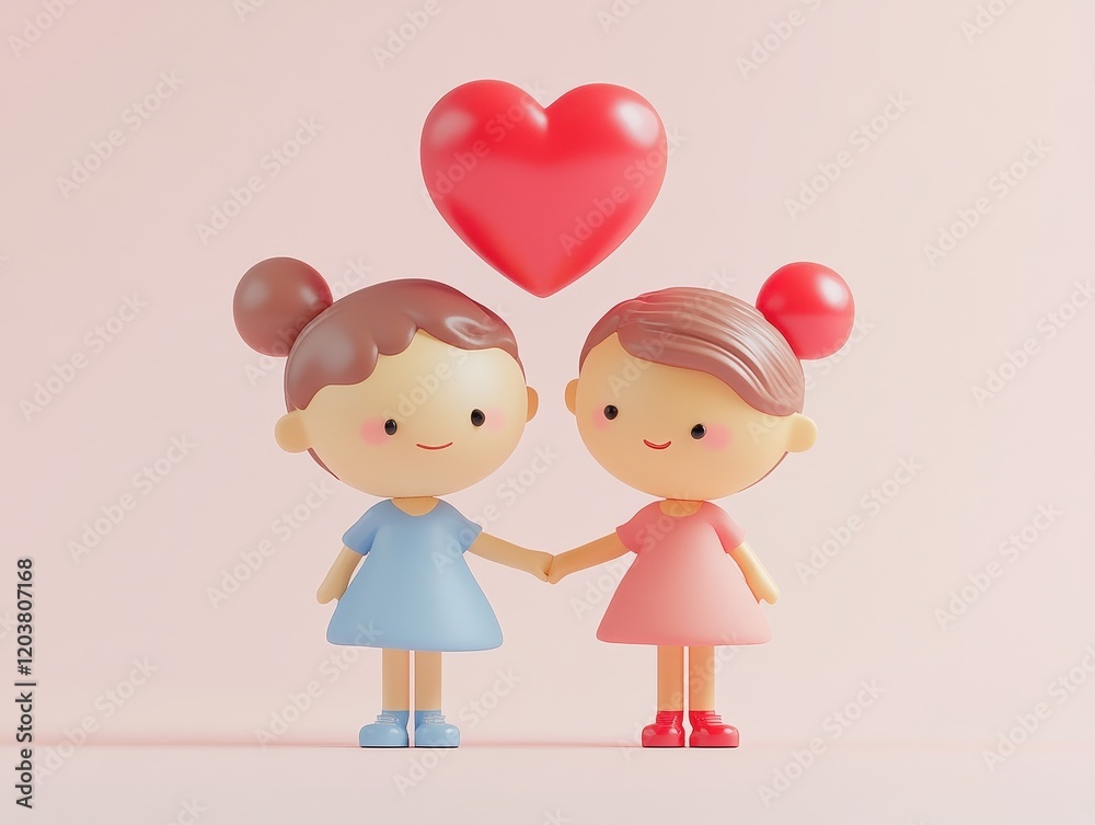 Two Cute Cartoon Girls Holding Hands with a Heart Above Them Two Cute Cartoon Girls Holding Hands with a Heart Above Them