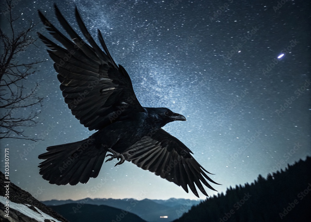Naklejka premium Majestic Black Raven Silhouette in Flight, Wings Spread Wide Against Night Sky