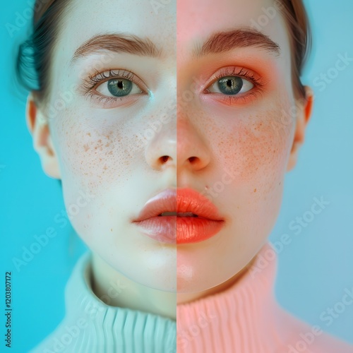 Vibrant Split Portrait of Woman Before and After Facial Rejuvenation Transformation