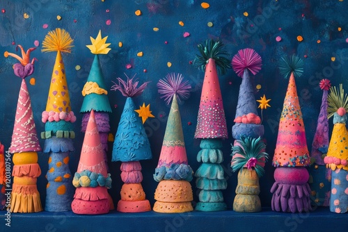 Colorful party hats displayed against a vibrant blue background for festive c...