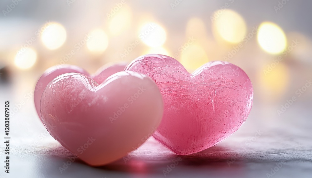Fototapeta premium Two Pink Hearts with Soft Glow and Warm Lights in the Background