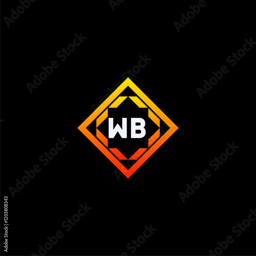 WB initials dynamic geometric logo design features a bold lettering sign in an orange and black color scheme, displayed against a dark background