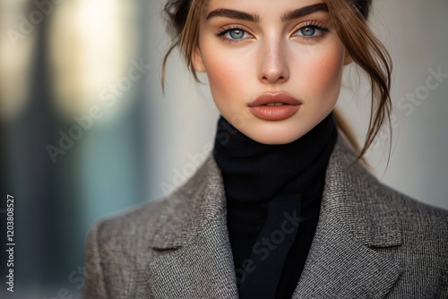 Elegant woman in tailored suit with neutral background showcasing confident e...
