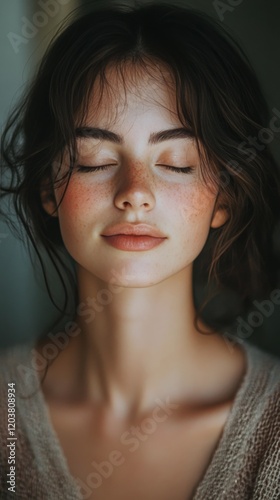 Woman with closed eyes and natural beauty, showcasing freckles and soft light...