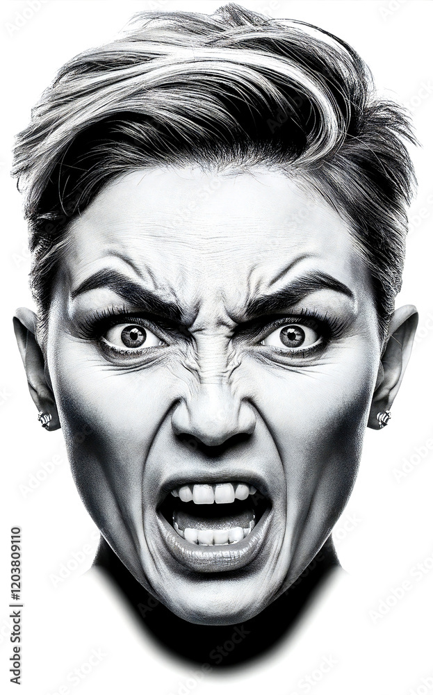 Angry Woman Portrait: Intense Black and White Photo of a Screaming Female with Fierce Expression and Short Haircut Angry Woman Portrait: Intense Black and White Photo of a Screaming Female with Fierce Expression and Short Haircut