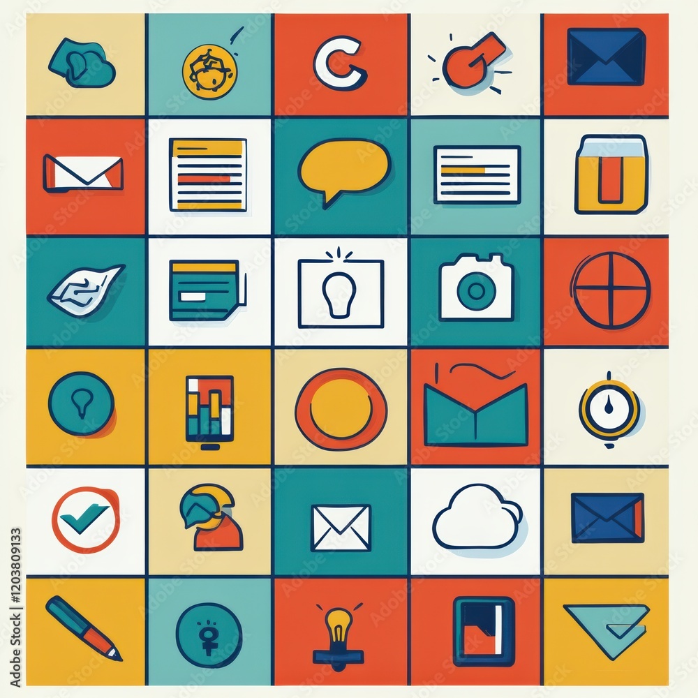 Colorful grid of various icons representing communication, technology, and creativity in a modern design layout. Generative AI Colorful grid of various icons representing communication, technology, and creativity in a modern design layout. Generative AI