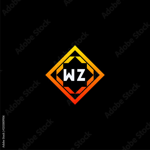 WZ initials dynamic geometric logo design features a bold lettering sign in an orange and black color scheme, displayed against a dark background