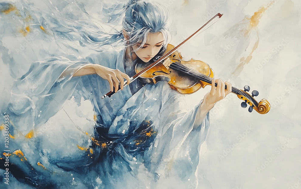 Elegant Artistic Painting of a Woman Playing the Violin with Flowing Abstract Textures, Highlighting Music and Creative Expression Elegant Artistic Painting of a Woman Playing the Violin with Flowing Abstract Textures, Highlighting Music and Creative Expression