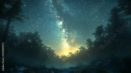 Night Sky Illuminates River and Forest Landscape photo