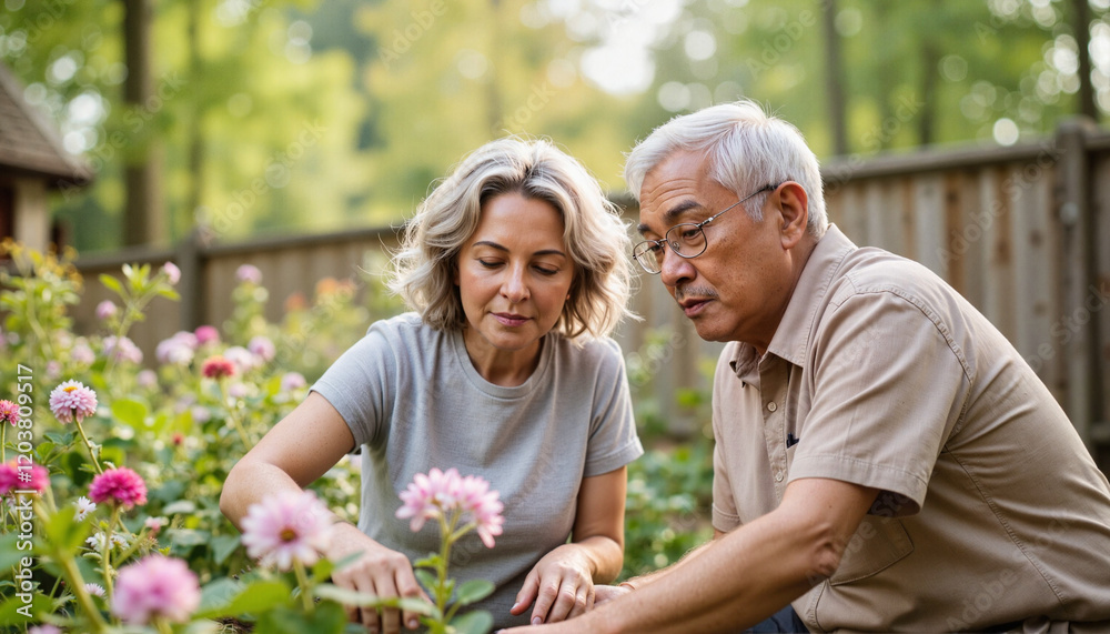 Elderly partners tending a blooming garden near a wooden fence, connection Elderly partners tending a blooming garden near a wooden fence, connection