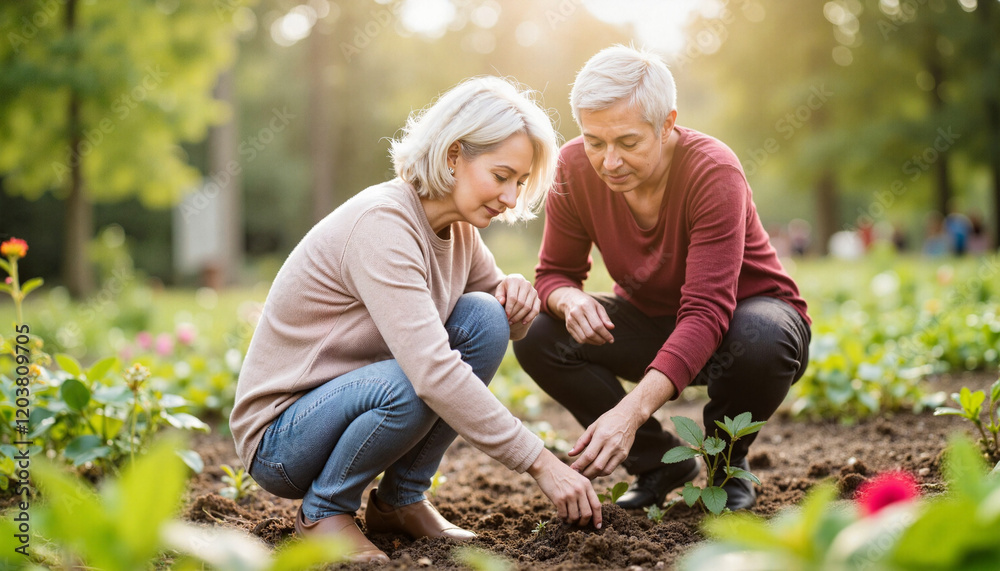 Fototapeta premium Elderly couple planting seeds in vibrant garden, nurturing love