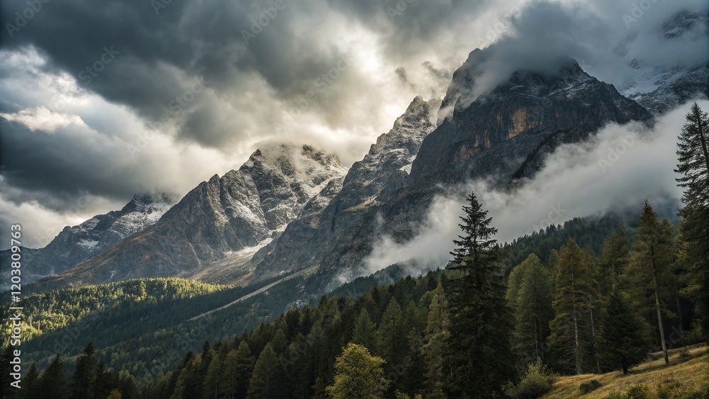 Fototapeta premium Majestic Cloud-Shrouded Mountain Range: Dramatic Landscape Photography