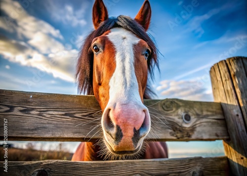 Majestic Clydesdale Stallion Close-Up: Powerful Nose Through Rustic Fence