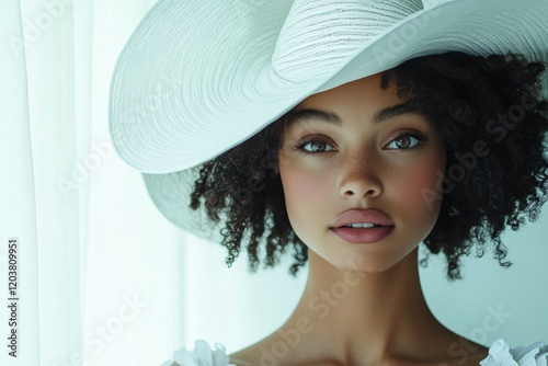 Elegant woman wearing a wide-brimmed hat in soft sunlight with shadows accent...