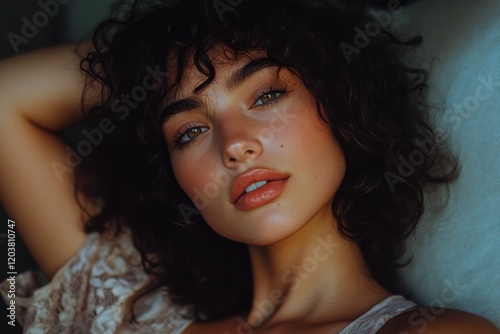 Young woman with curly hair and freckles smiles confidently at the camera ind...