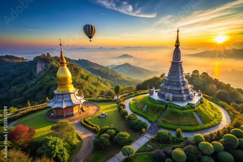 Majestic Doi Inthanon Pagoda & Hot Air Balloon Aerial View, Chiang Mai, Thailand photo