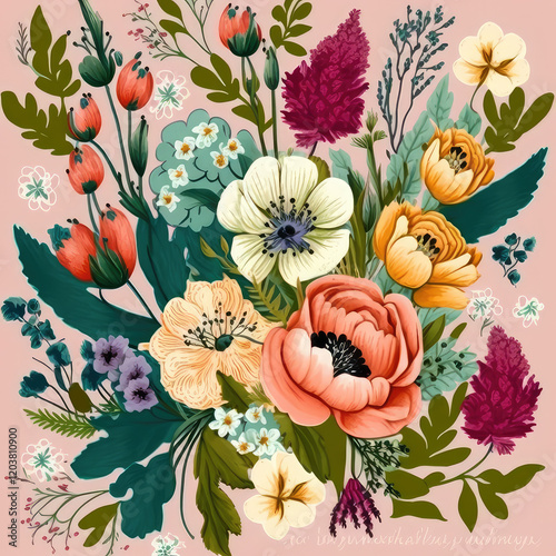 Flower pattern. Beautiful floral print, bouquet of nice tender pink, yellow, white flowers and green leaves on light background. Greeting card, spring blossom concept