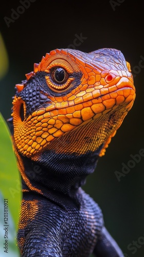Vibrant lizard basking on a rock with detailed scales and striking colors in ...
