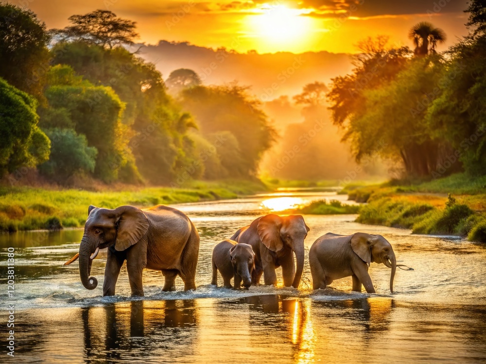 Fototapeta premium Majestic Elephant Family Sunset River Bath - Wildlife Photography